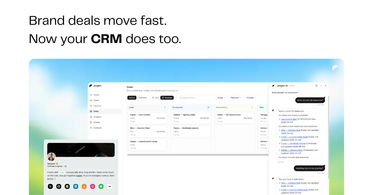 pageo Now Has a CRM: Manage Brand Deals, Payments, and Deliverables — All in One Place